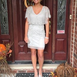 Grey Aidan Mattox Beaded Flutter Sleeve 